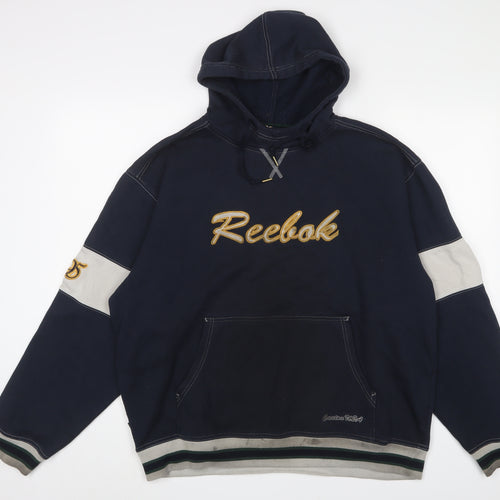 Reebok Mens Blue Cotton Pullover Hoodie Size L - Logo, Embroidered