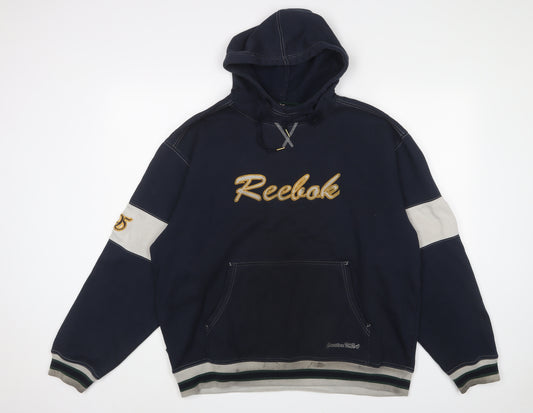 Reebok Mens Blue Cotton Pullover Hoodie Size L - Logo, Embroidered