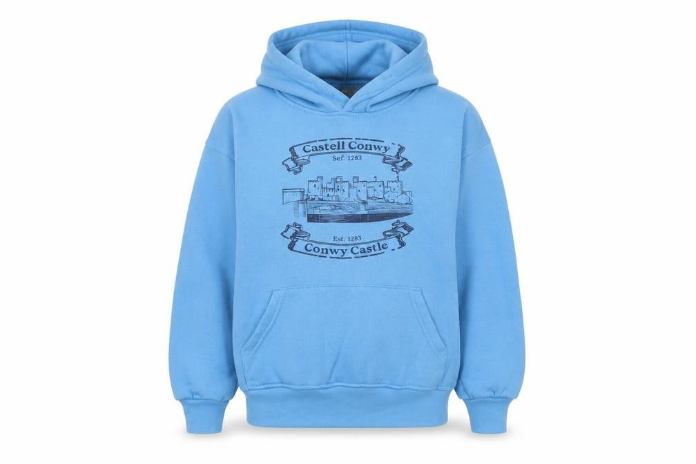 Front view of Conwyn Castle boys’ blue cotton pullover hoodie, size 9-10, years pullover