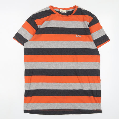 Lee Cooper Mens Orange Striped Cotton T-Shirt Size XL Crew Neck - Logo, Embroidered