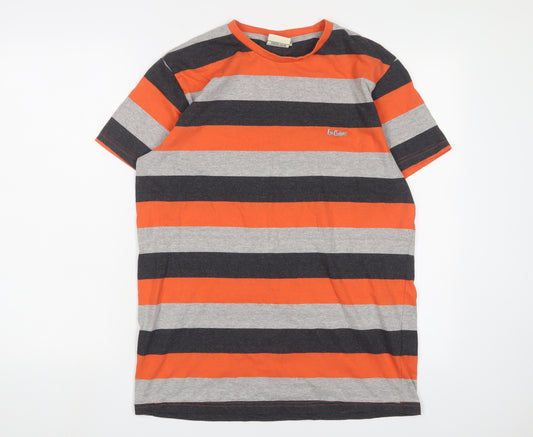 Lee Cooper Mens Orange Striped Cotton T-Shirt Size XL Crew Neck - Logo, Embroidered