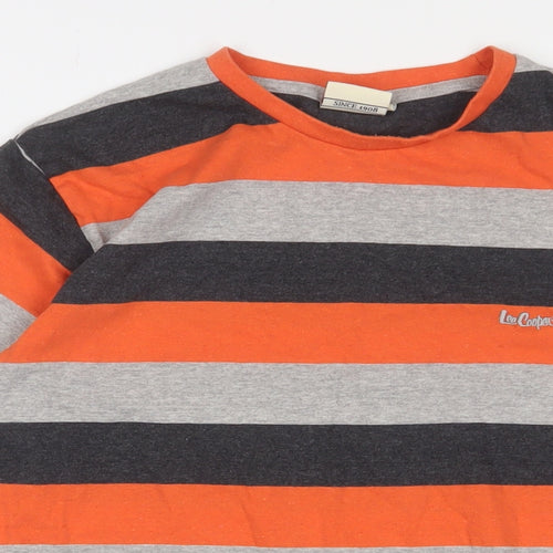 Lee Cooper Mens Orange Striped Cotton T-Shirt Size XL Crew Neck - Logo, Embroidered