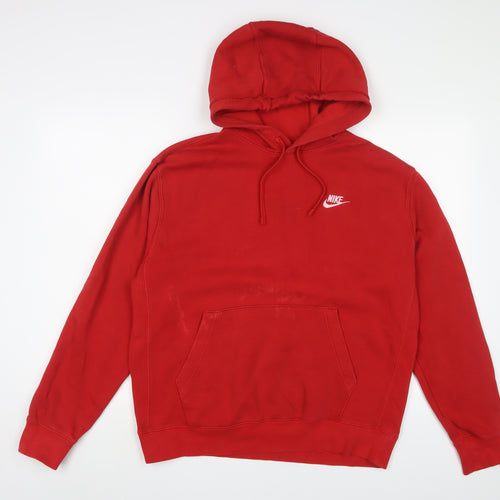 Nike Mens Red Cotton Pullover Hoodie Size M - Logo, Embroidered