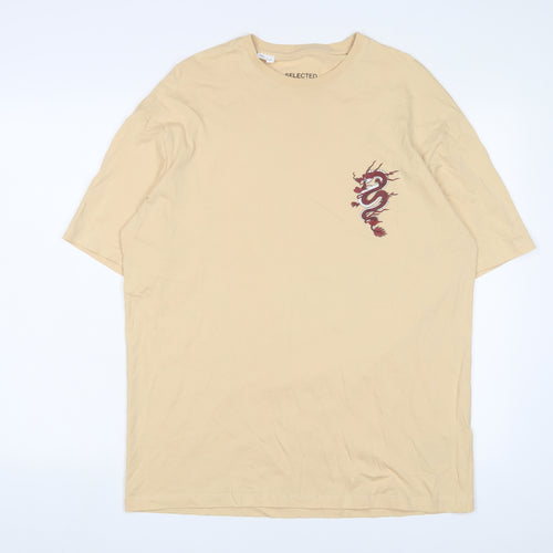 Selected Homme Mens Beige Cotton T-Shirt Size L Crew Neck - Dragon