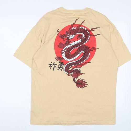 Selected Homme Mens Beige Cotton T-Shirt Size L Crew Neck - Dragon