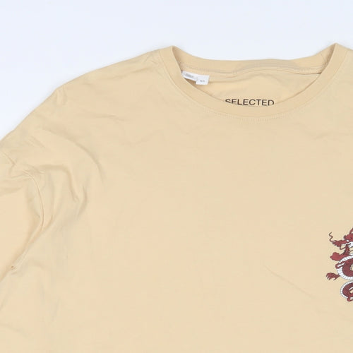 Selected Homme Mens Beige Cotton T-Shirt Size L Crew Neck - Dragon