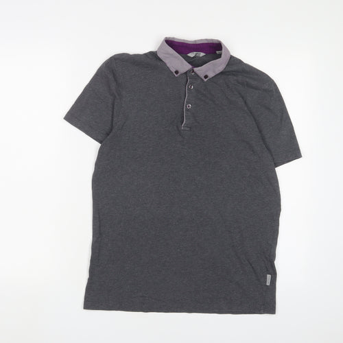 Ted Baker Mens Grey Cotton Polo Size M Collared Button - Logo, Embroidered