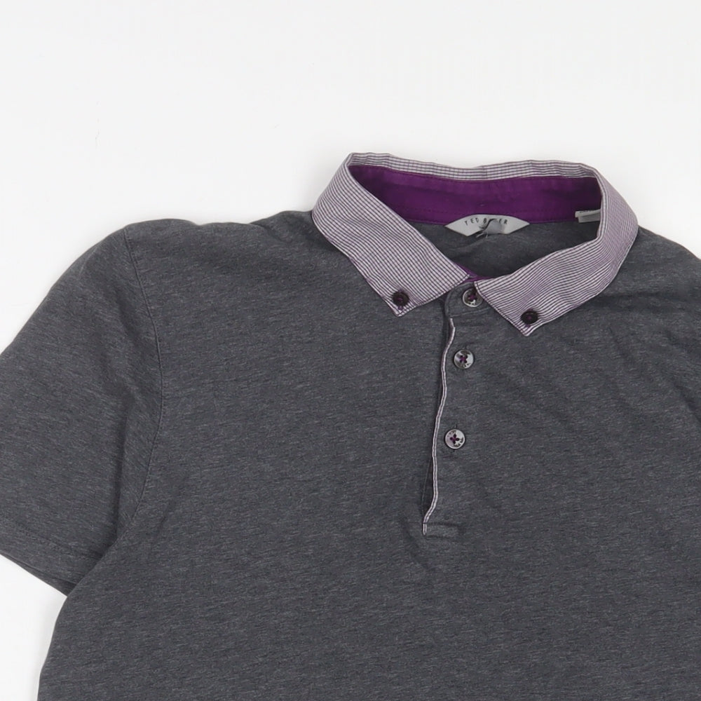 Ted Baker Mens Grey Cotton Polo Size M Collared Button - Logo, Embroidered