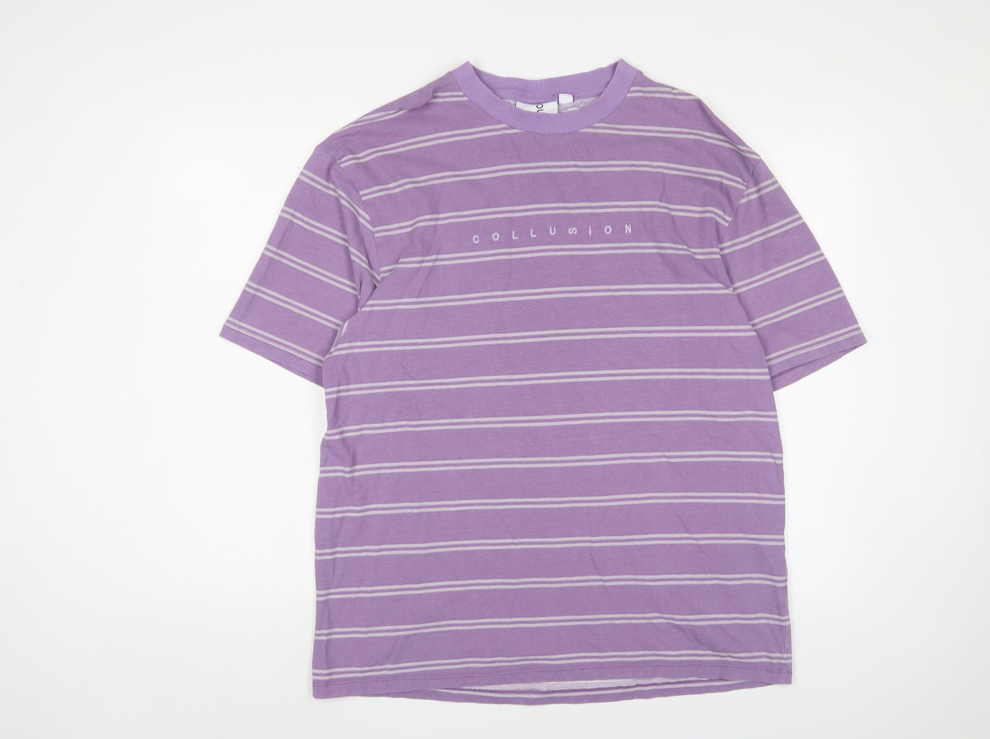 COLLUSION Mens Purple Striped Cotton T-Shirt Size L Crew Neck - Logo, Embroidered