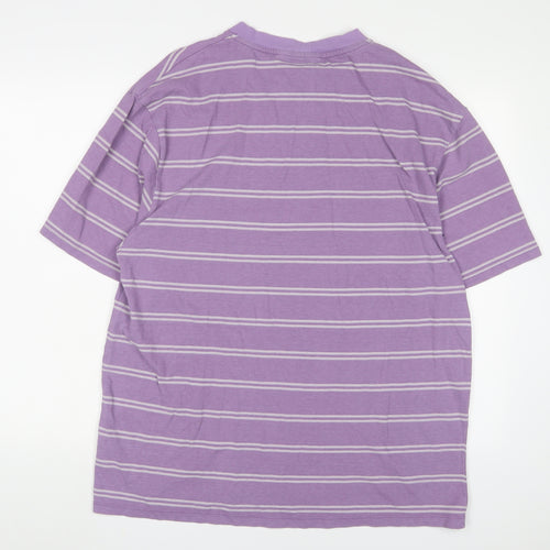 COLLUSION Mens Purple Striped Cotton T-Shirt Size L Crew Neck - Logo, Embroidered