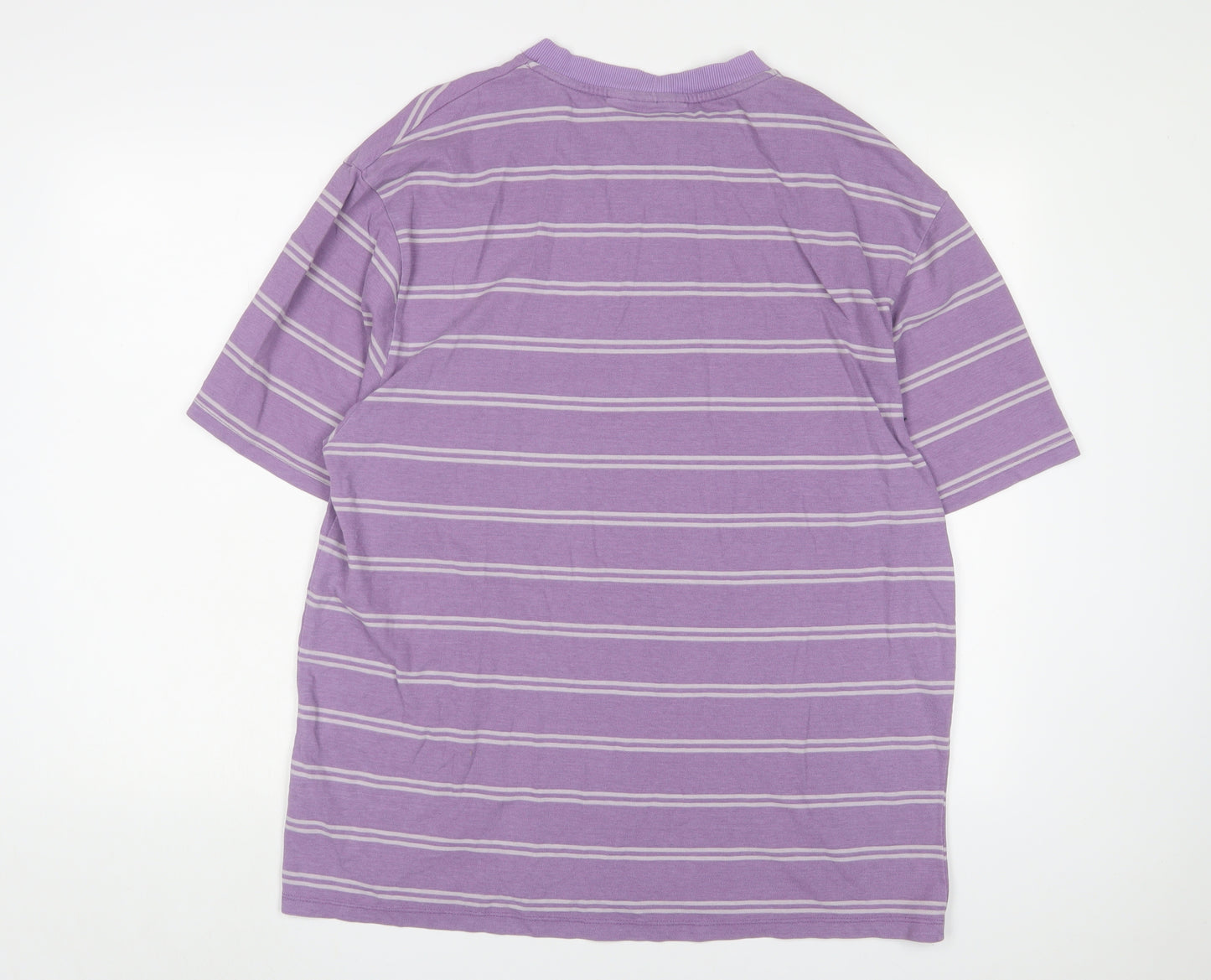 COLLUSION Mens Purple Striped Cotton T-Shirt Size L Crew Neck - Logo, Embroidered