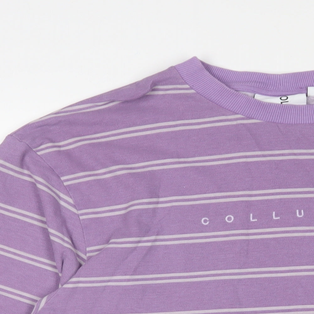 COLLUSION Mens Purple Striped Cotton T-Shirt Size L Crew Neck - Logo, Embroidered