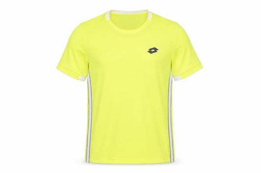 Front view of Lotto men’s yellow polyester basic t-shirt, size M, crew neck pullover - logo