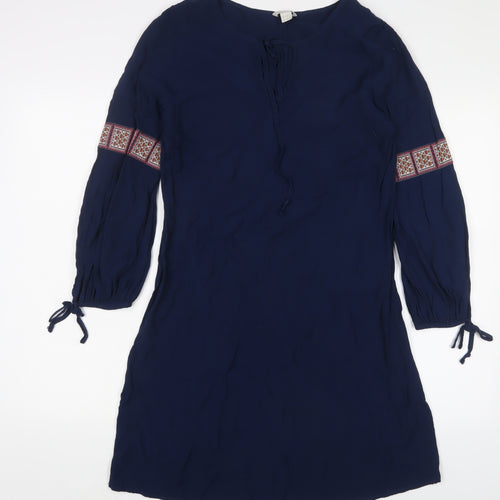 Monsoon Womens Blue Viscose A-Line Size 10 Crew Neck Pullover - Embroidered, Keyhole neck