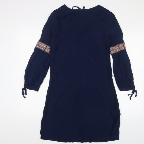 Monsoon Womens Blue Viscose A-Line Size 10 Crew Neck Pullover - Embroidered, Keyhole neck