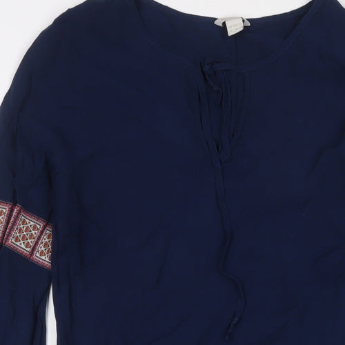Monsoon Womens Blue Viscose A-Line Size 10 Crew Neck Pullover - Embroidered, Keyhole neck