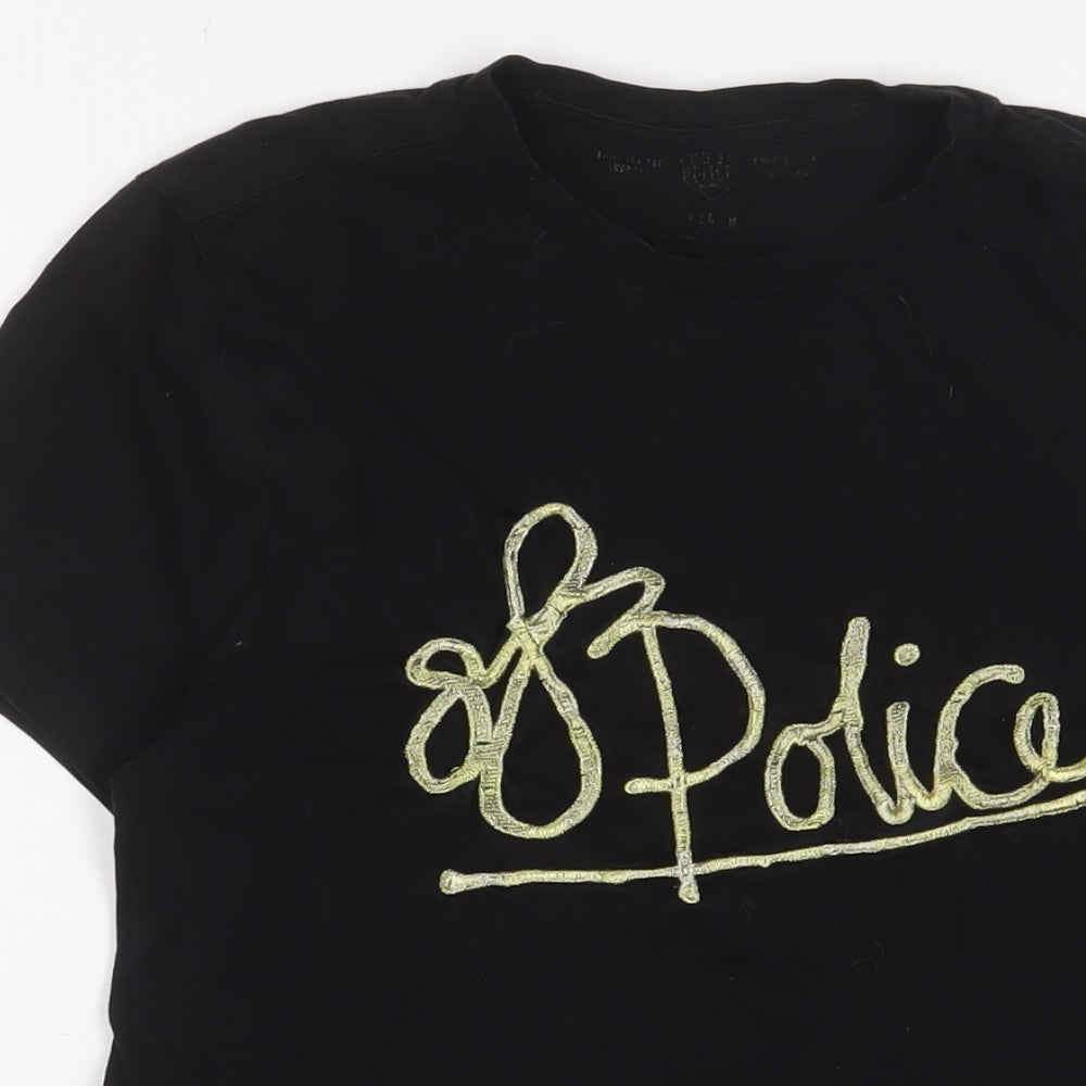 883 Police Womens Black Cotton Basic T-Shirt Size M Crew Neck - Logo, Embroidered