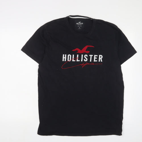 Hollister Mens Black Cotton T-Shirt Size XL Crew Neck - Logo, Embroidered