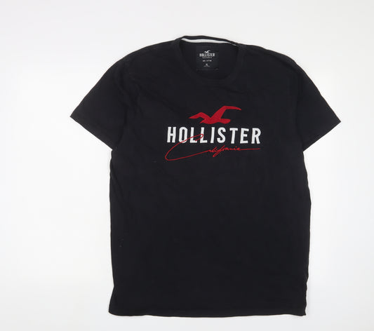 Hollister Mens Black Cotton T-Shirt Size XL Crew Neck - Logo, Embroidered