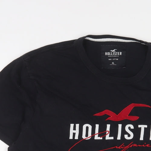 Hollister Mens Black Cotton T-Shirt Size XL Crew Neck - Logo, Embroidered