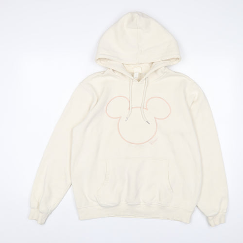 Mickey Mouse Womens Beige Cotton Pullover Hoodie Size S Pullover - Embroidered