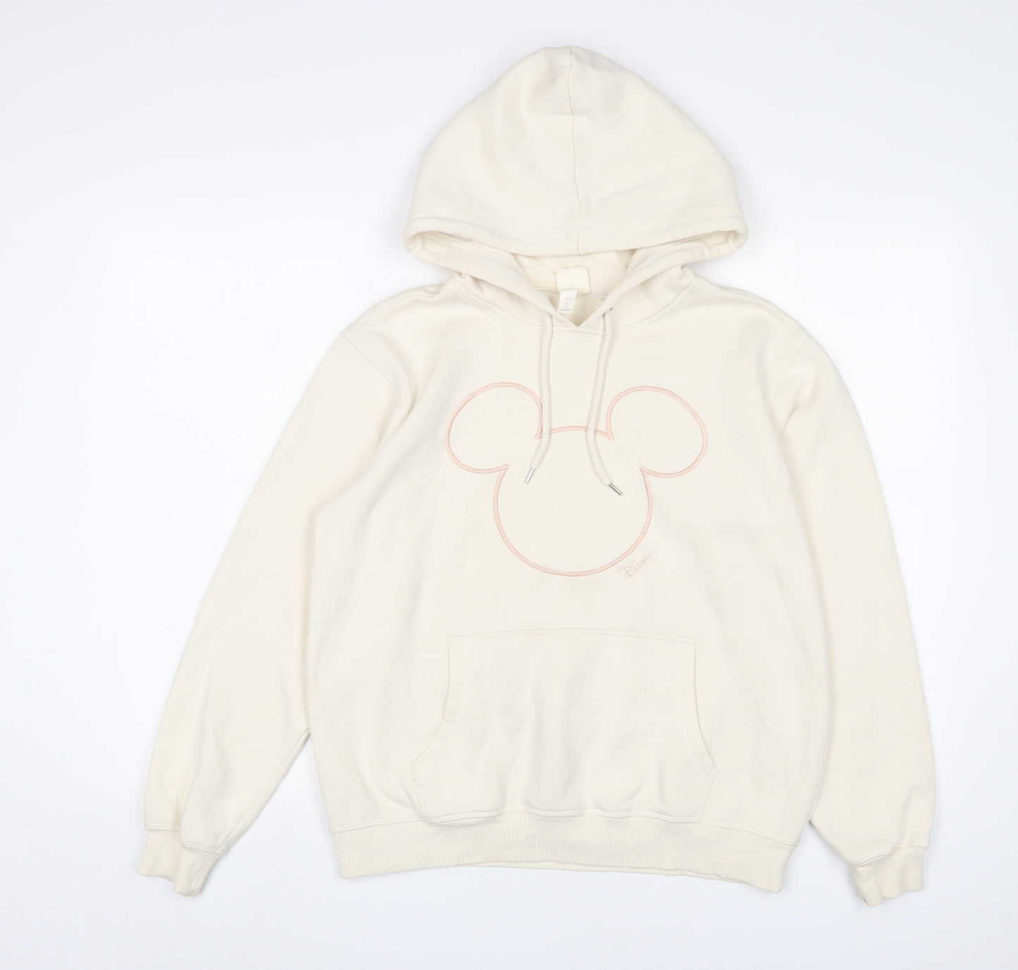 Mickey Mouse Womens Beige Cotton Pullover Hoodie Size S Pullover - Embroidered