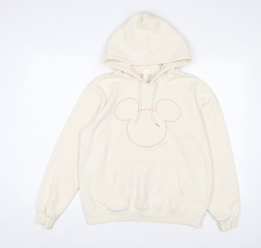 Mickey Mouse Womens Beige Cotton Pullover Hoodie Size S Pullover - Embroidered