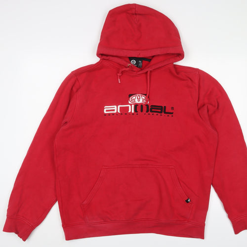 Animal Mens Red Cotton Pullover Hoodie Size L - Logo, Embroidered