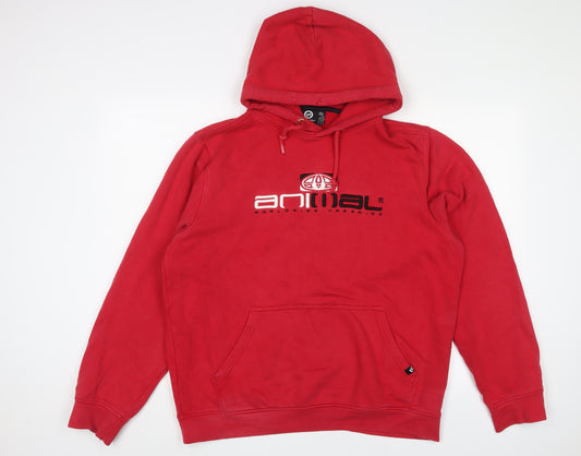 Animal Mens Red Cotton Pullover Hoodie Size L - Logo, Embroidered