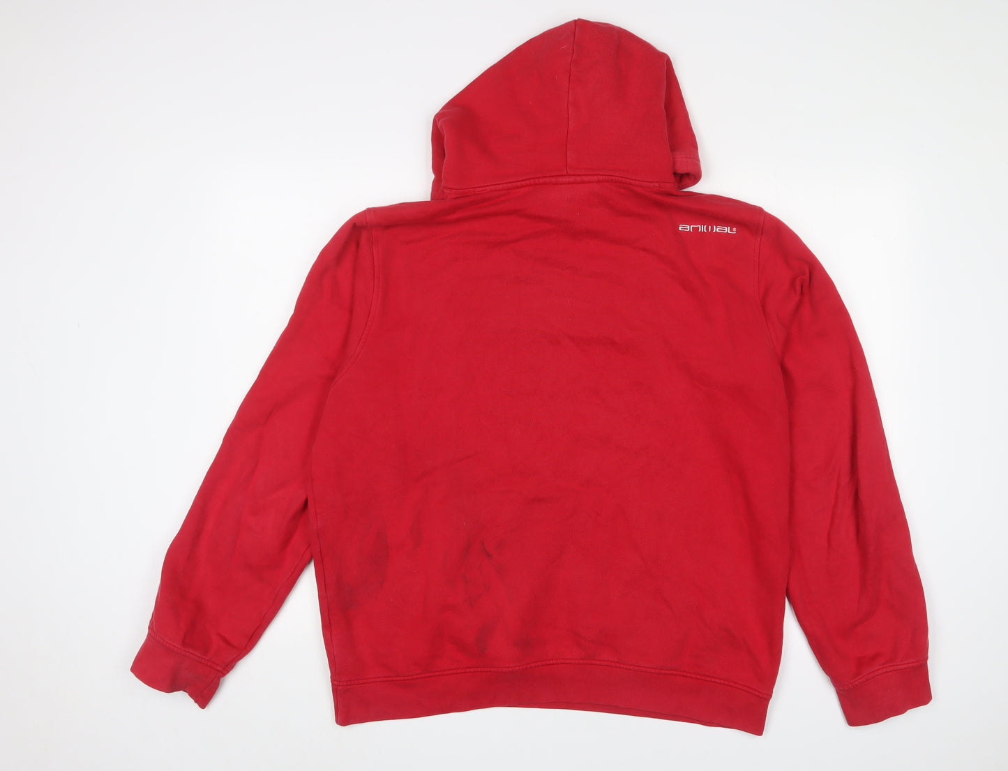 Animal Mens Red Cotton Pullover Hoodie Size L - Logo, Embroidered