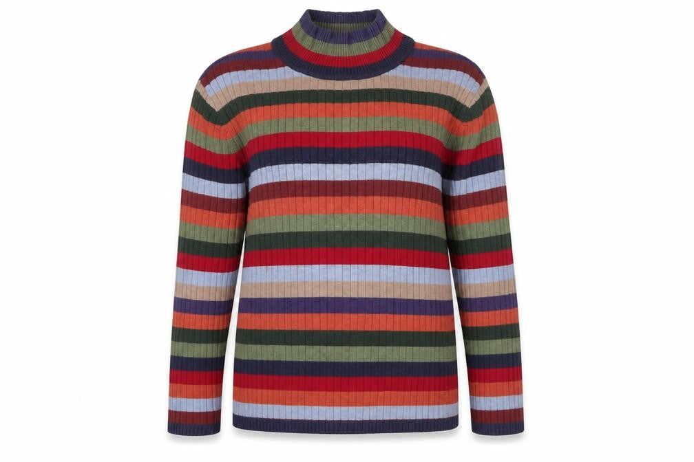 Front view of Talbots women’s multicoloured high neck striped cotton jumper, size UK 8, - stretch