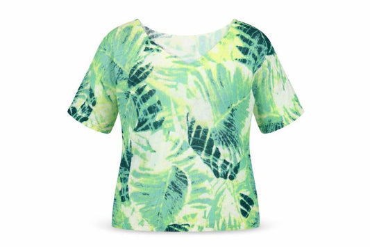 Front view of Monsoon women’s green v-neck geometric viscose jumper, size UK 12