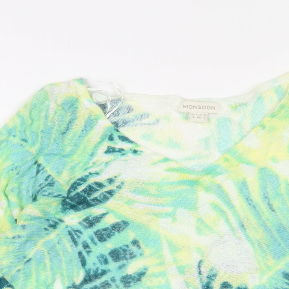 Monsoon Womens Green V-Neck Geometric Viscose Pullover Jumper Size 12