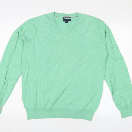 GANT Mens Green V-Neck Cotton Pullover Jumper Size L Long Sleeve - Logo, Embroidered