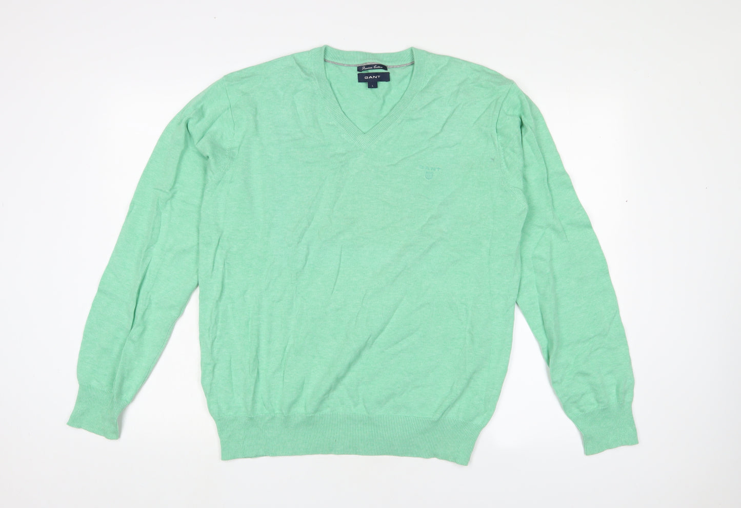 GANT Mens Green V-Neck Cotton Pullover Jumper Size L Long Sleeve - Logo, Embroidered