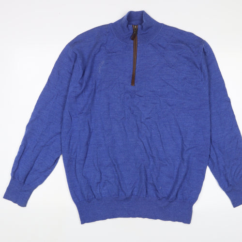 Orvis Mens Blue High Neck Wool Pullover Jumper Size L Long Sleeve - 1/2 Zip