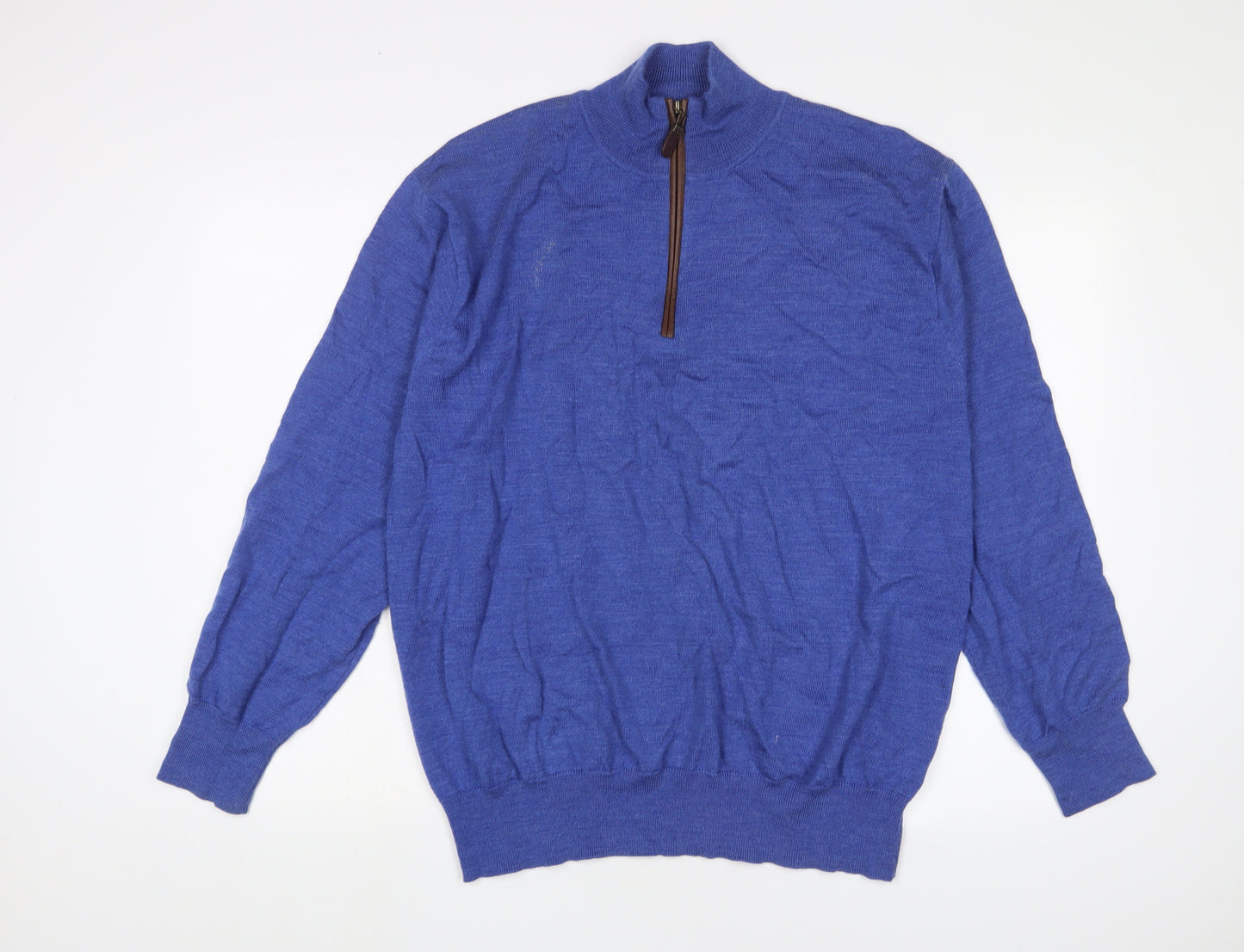 Orvis Mens Blue High Neck Wool Pullover Jumper Size L Long Sleeve - 1/2 Zip