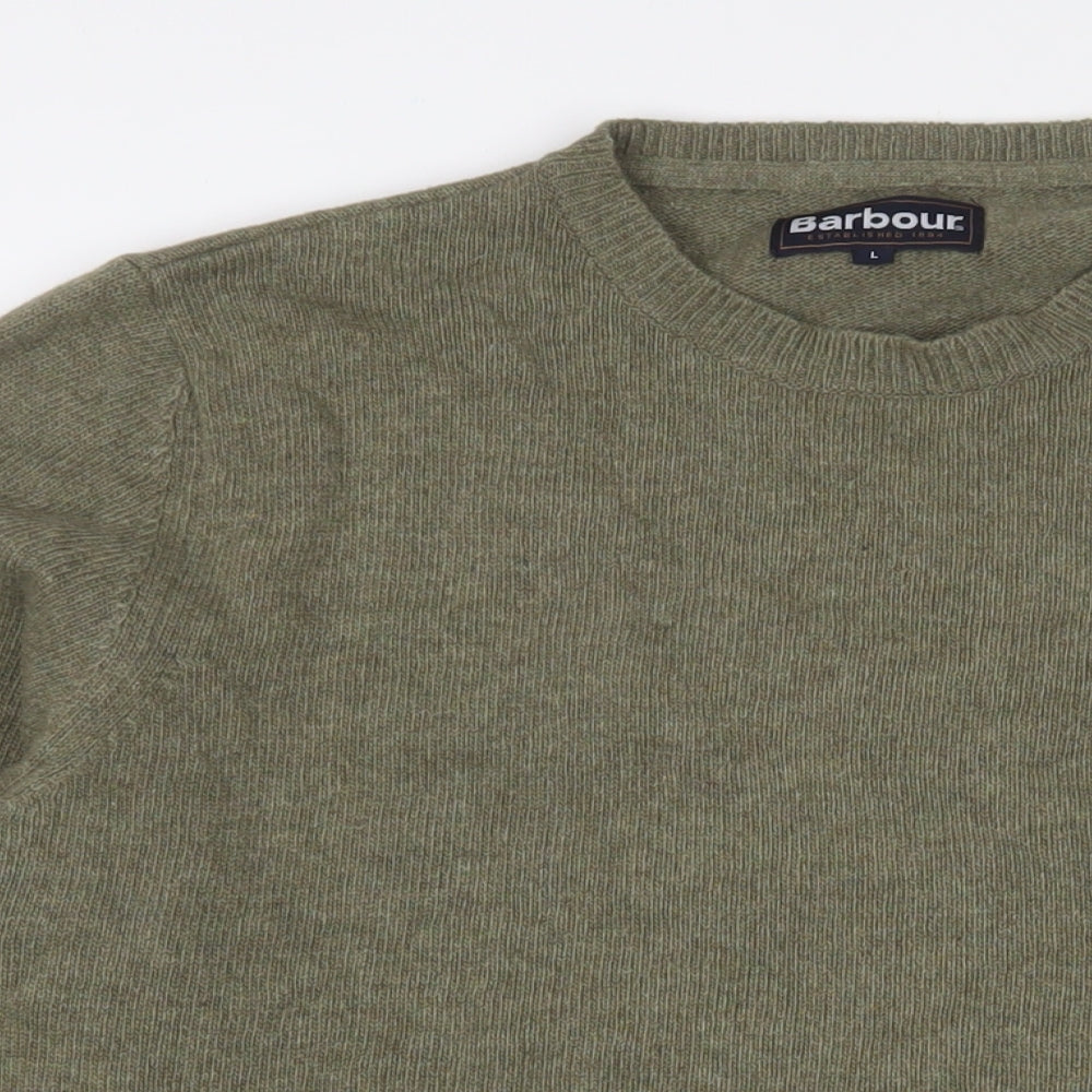 Barbour Mens Green Crew Neck Wool Pullover Jumper Size L Long Sleeve - Logo, Embroidered