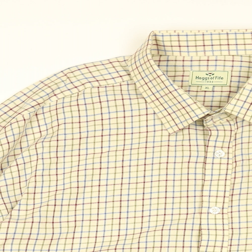 Hoggs of Fife Mens White Geometric Cotton Button-Up Size XL Collared Button