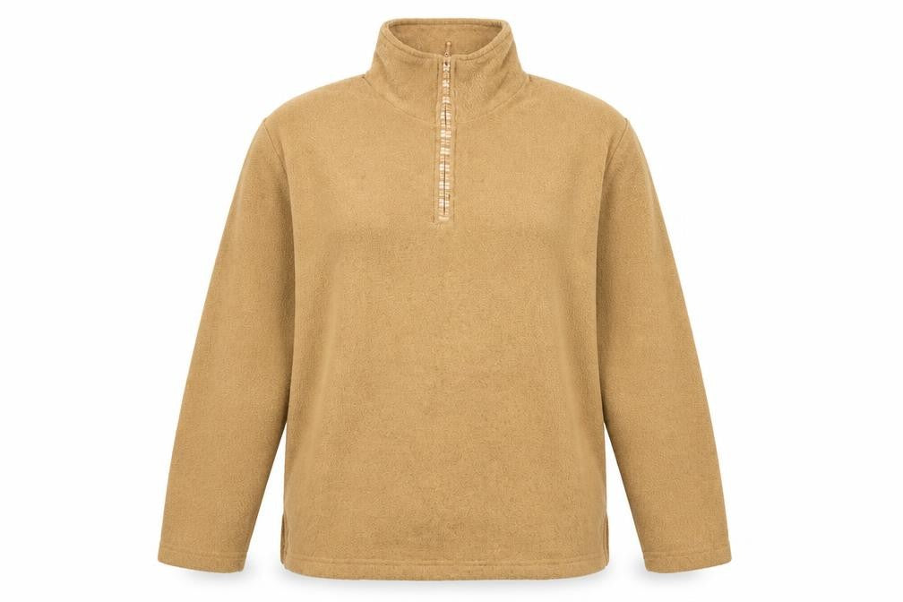 Front view of Bonmarché women’s beige polyester pullover sweatshirt, size M, zip