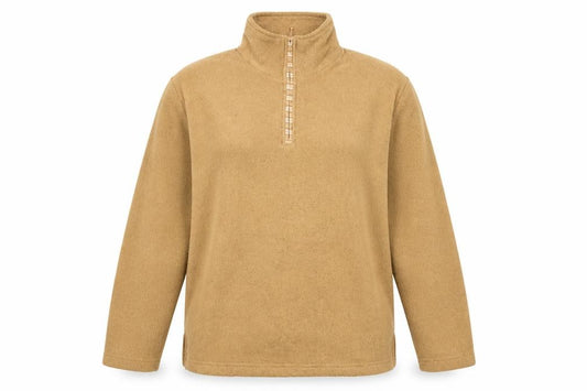 Front view of Bonmarché women’s beige polyester pullover sweatshirt, size M, zip
