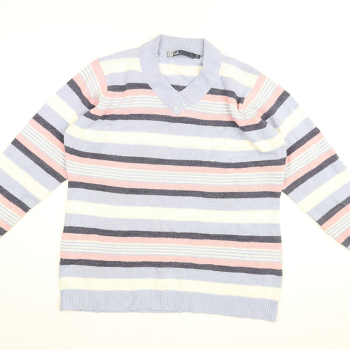 Isle Womens Blue V-Neck Striped Acrylic Pullover Jumper Size 14 - Size 14-16