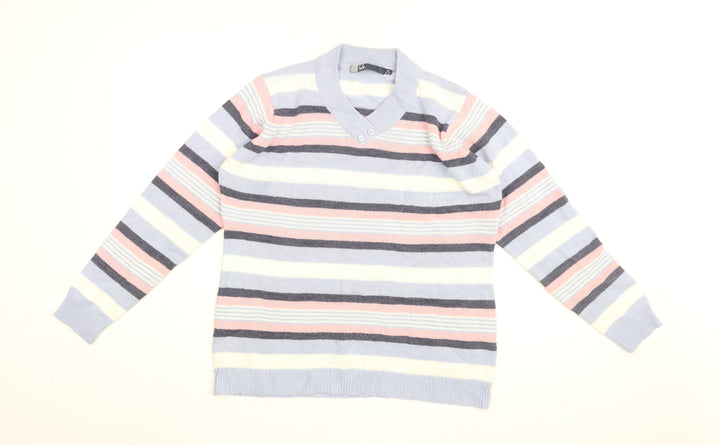 Isle Womens Blue V-Neck Striped Acrylic Pullover Jumper Size 14 - Size 14-16