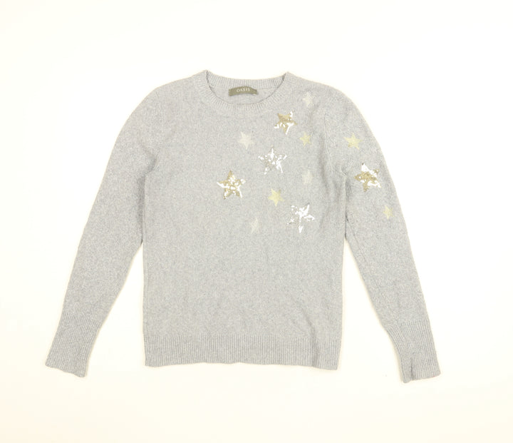 Oasis Womens Grey Round Neck Geometric Polyester Pullover Jumper Size S - Star print