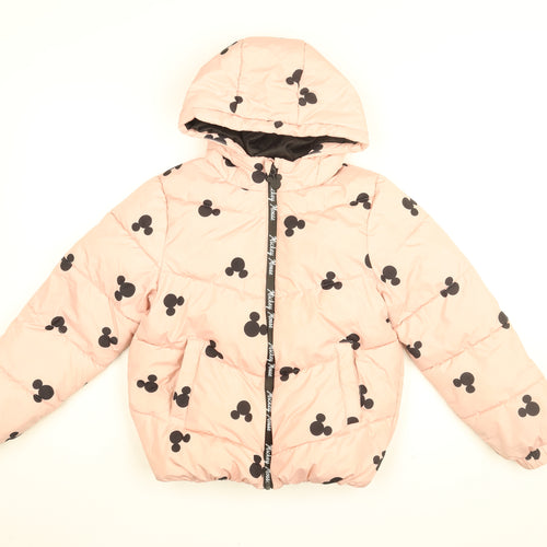 Disney Girls Pink Geometric Puffer Jacket Coat Size 10-11 Years Zip - Mickey Mouse
