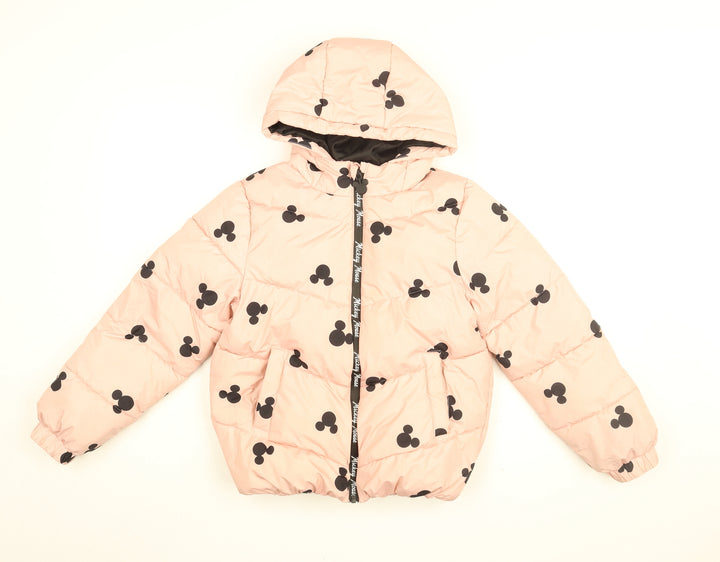 Disney Girls Pink Geometric Puffer Jacket Coat Size 10-11 Years Zip - Mickey Mouse