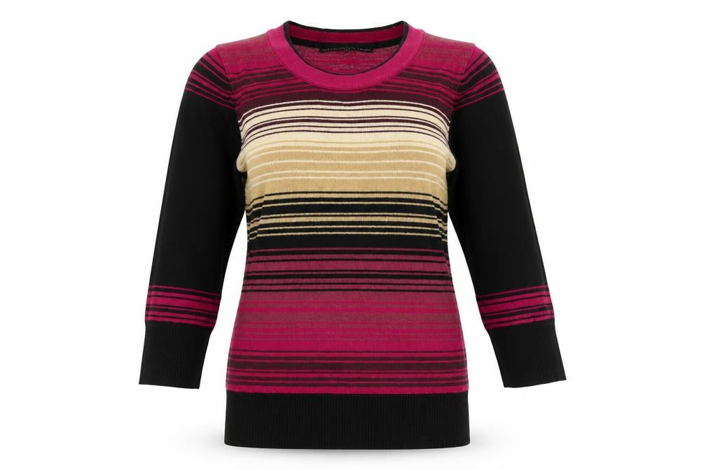 Front view of Betty Jackson Black women’s multicoloured striped cotton basic t-shirt, size UK 8, round neck