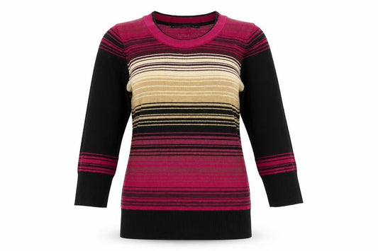 Front view of Betty Jackson Black women’s multicoloured striped cotton basic t-shirt, size UK 8, round neck