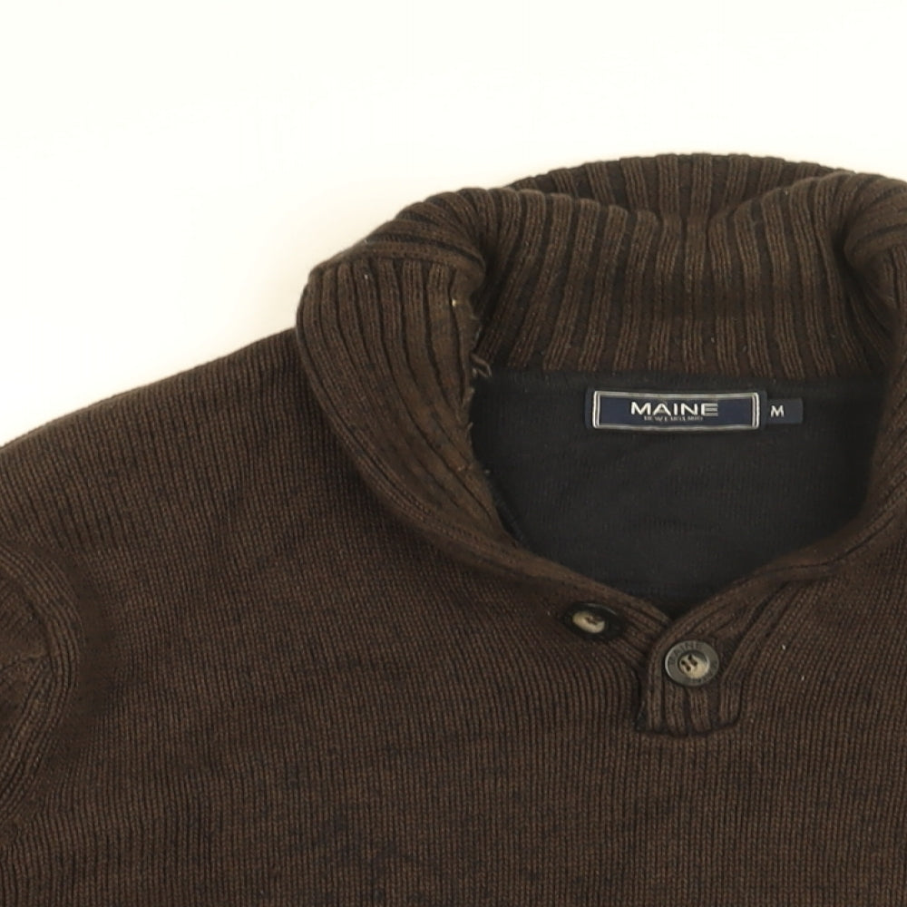 Maine Mens Brown V-Neck Cotton Pullover Jumper Size M Long Sleeve