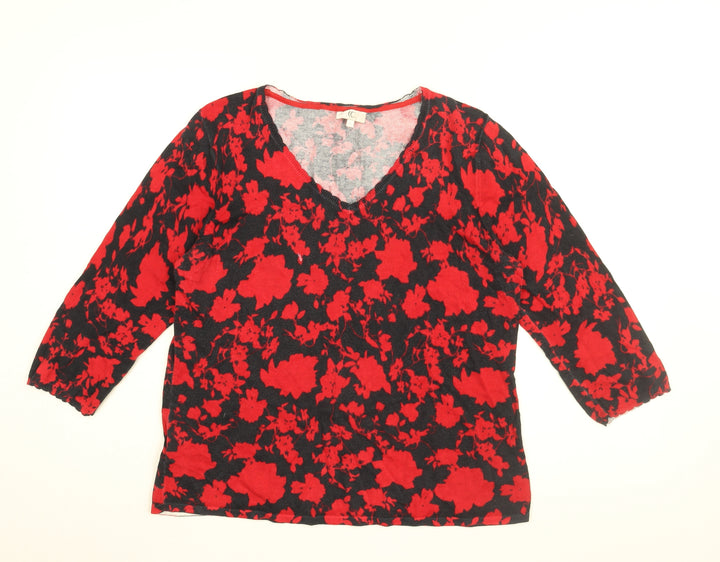 CC Womens Black Floral Cotton Basic T-Shirt Size L V-Neck